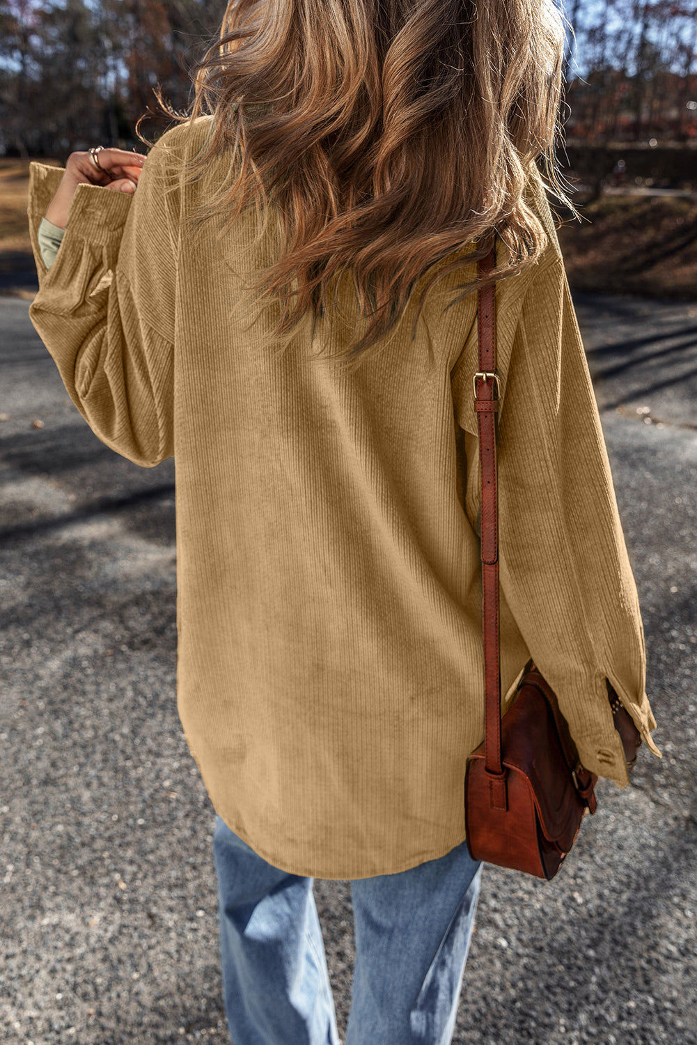 Light French Beige Patched Pocket Button-Up Corduroy Shacket