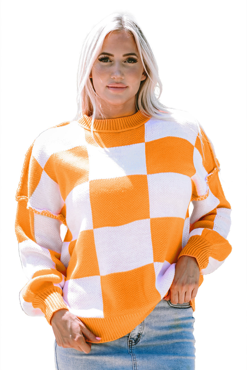 Checkered Bishop Sleeve Pullover Sweater