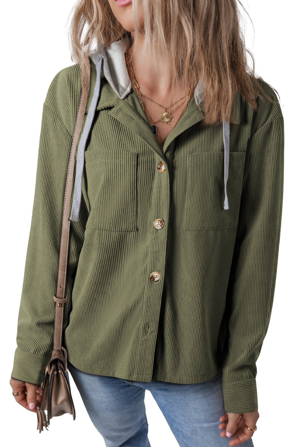 Pale Khaki Pockets Drawstring Hooded Corduroy Shacket