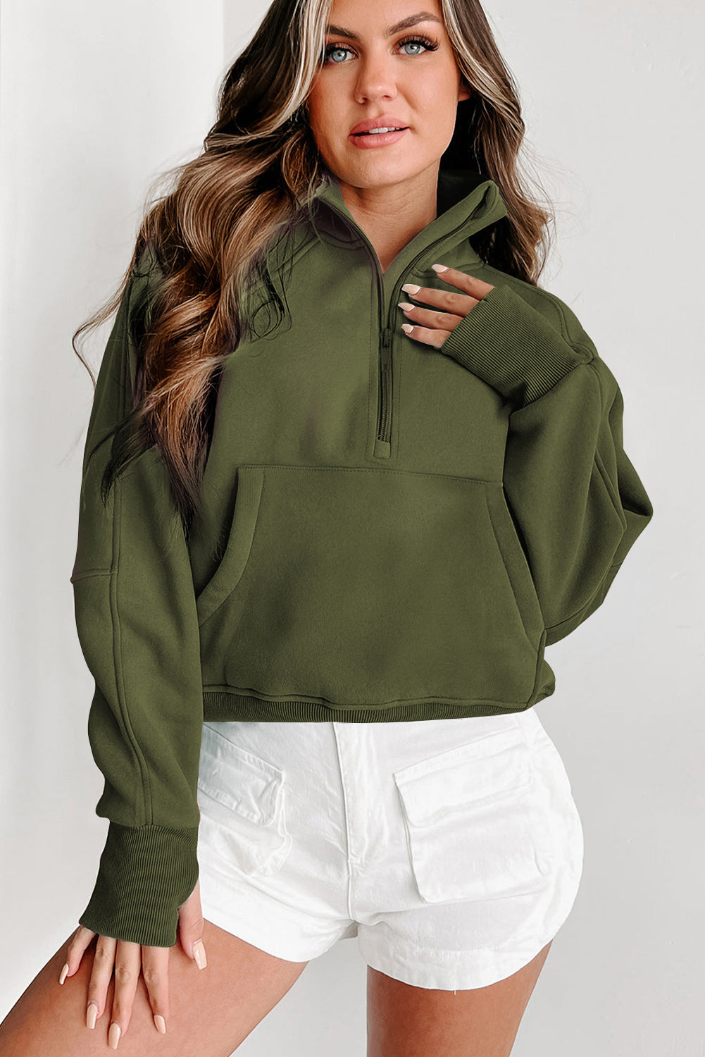 Zip Up Stand Collar Thumbhole Sleeve Sweatshirt