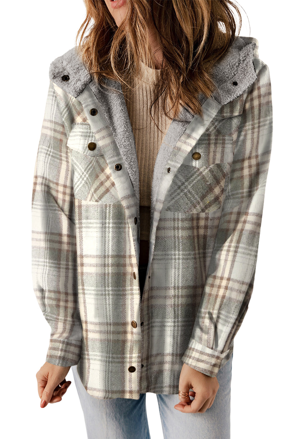 Snap Button Sherpa Lined Hooded Flannel Jacket