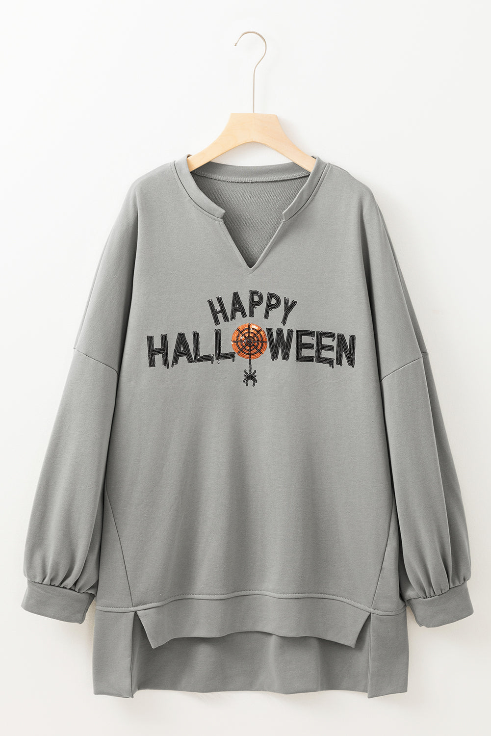 Medium Grey Sequin Happy Halloween Graphic Notched Neck Loose Top