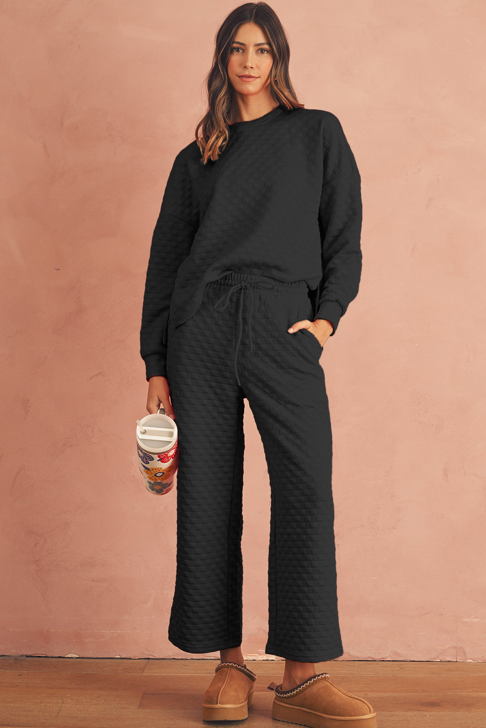 Black Textured Split Pullover Top and Pants Set