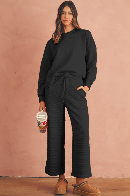 Black Textured Split Pullover Top and Pants Set