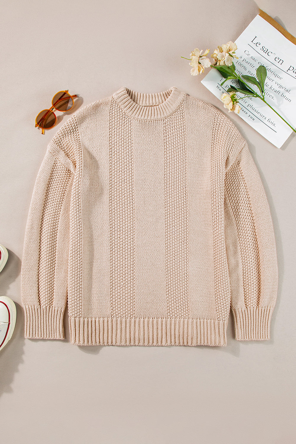 Pale Khaki Solid Color Ribbed Knit Round Neck Sweater