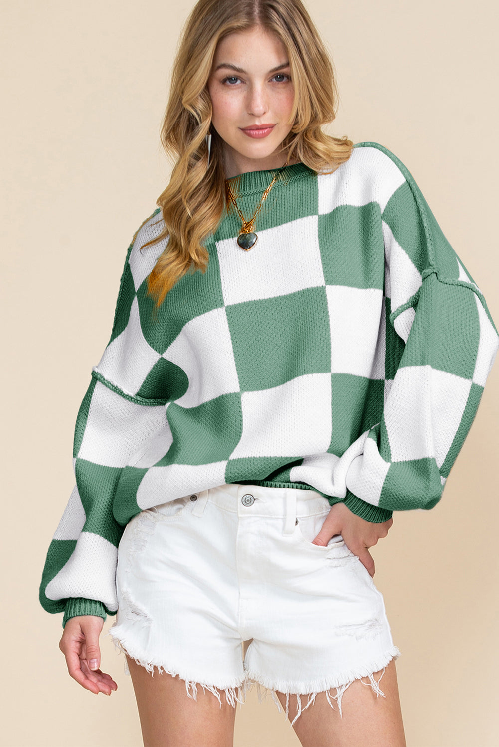 Checkered Bishop Sleeve Pullover Sweater