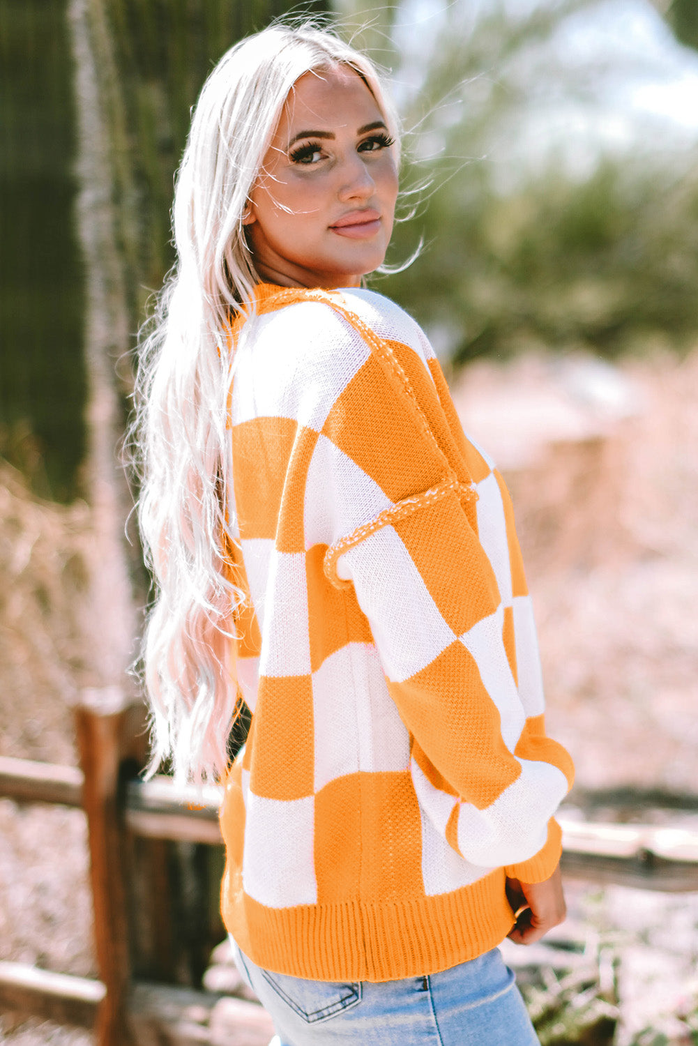 Checkered Bishop Sleeve Pullover Sweater