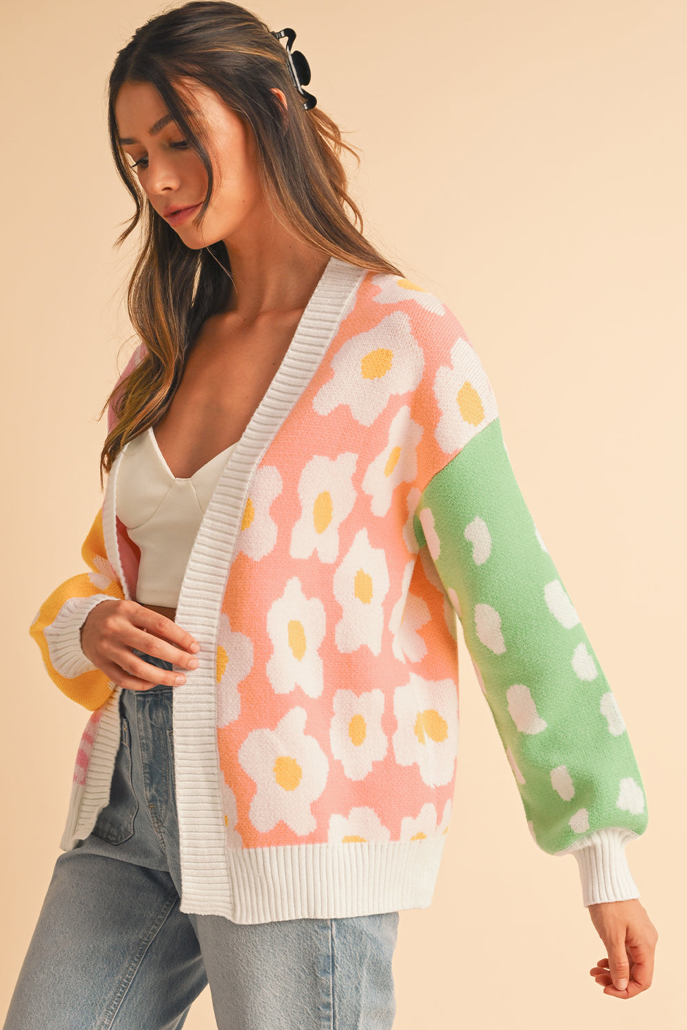 Orange Flower & Dotted Print Colorblock Open Front Cardigan