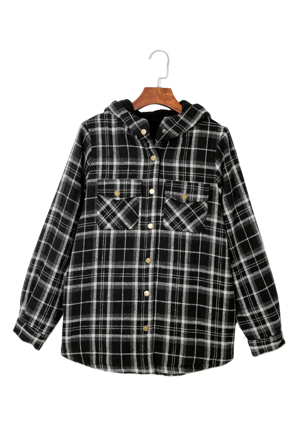 Snap Button Sherpa Lined Hooded Flannel Jacket