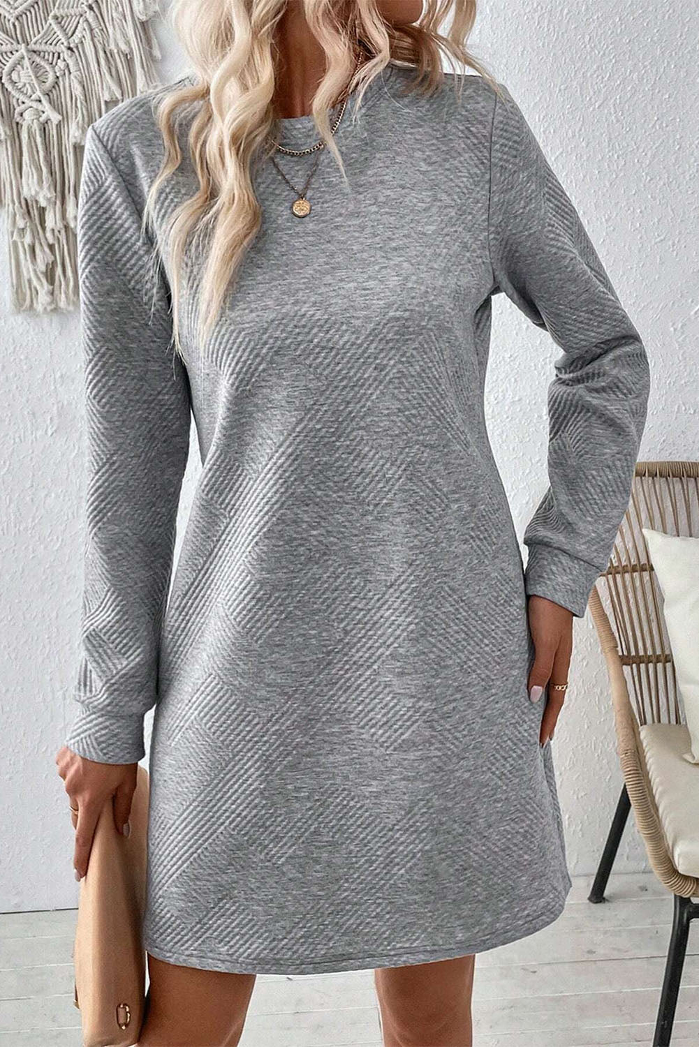 Solid Color Textured Long Sleeve Shift Short Dress