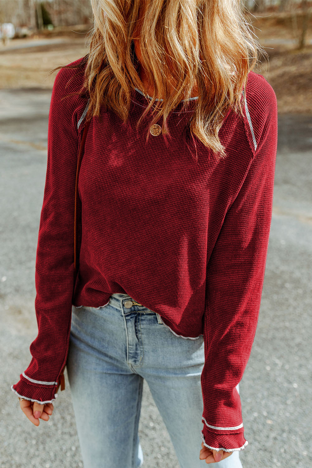 Textured Crewneck Long Sleeve Top