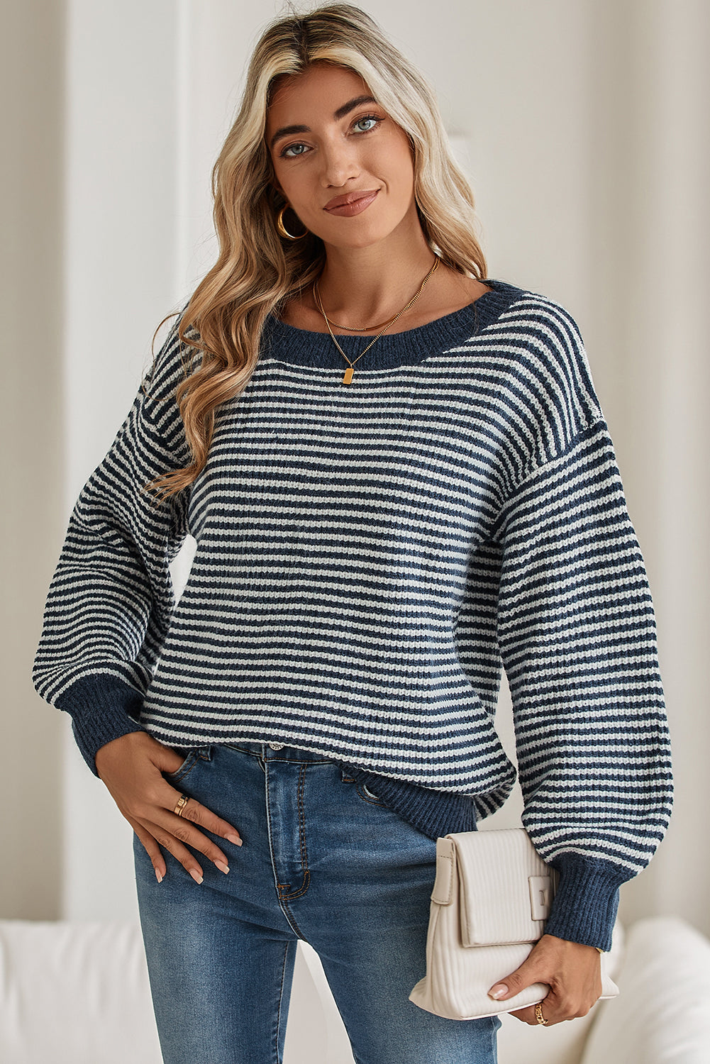 Sail Blue Striped Drop Shoulder Lantern Sleeve Sweater