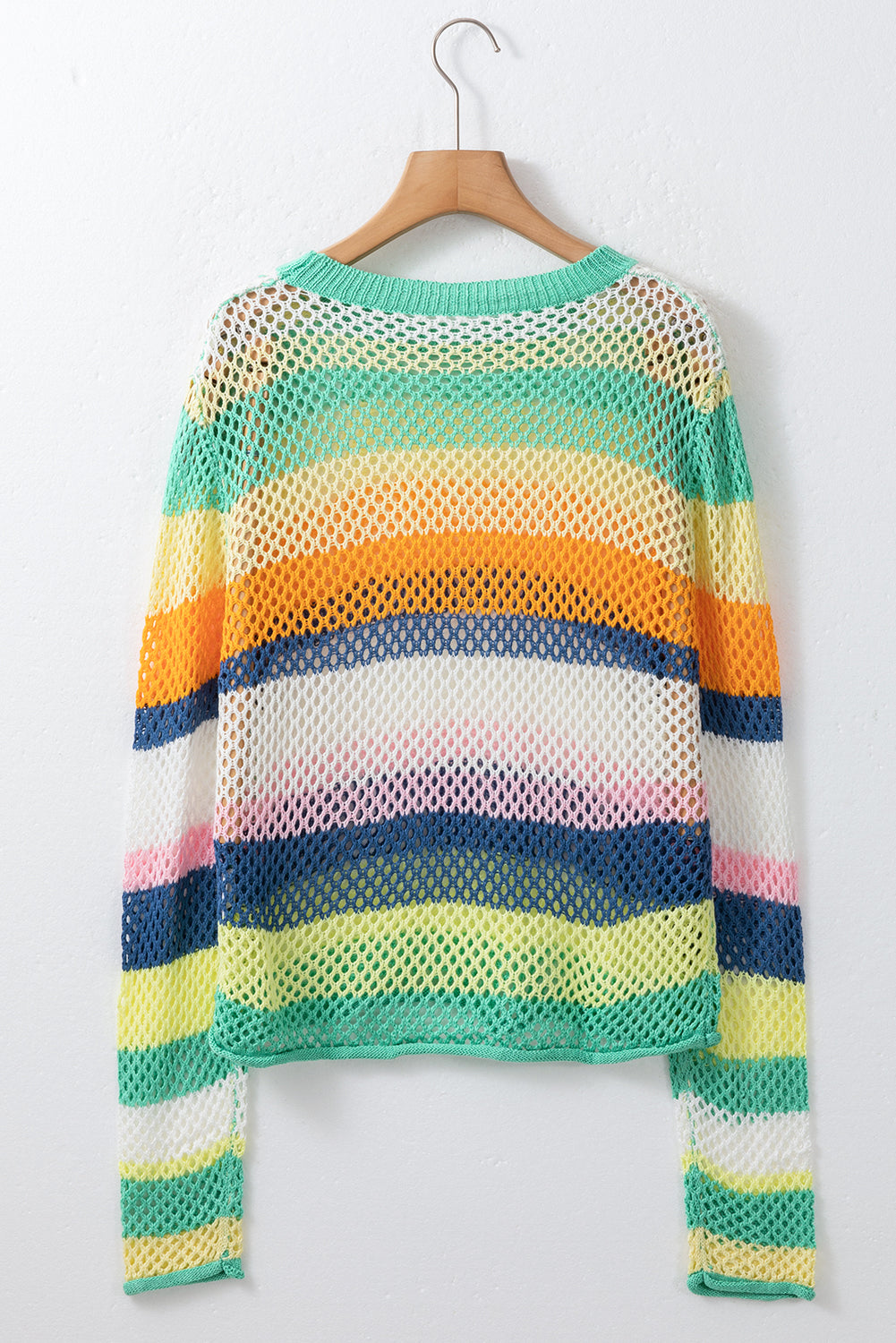 Green Colorblock Striped Hollow Knitted Top