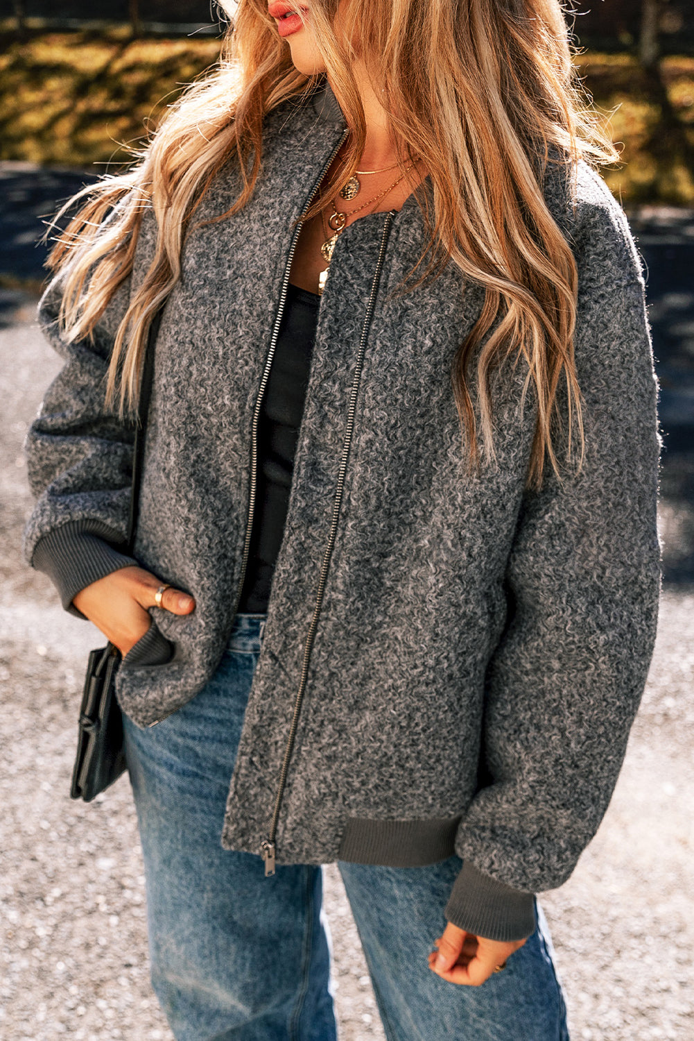 Medium Grey Fuzzy Zip Up Pocketed Sleeve Jacket