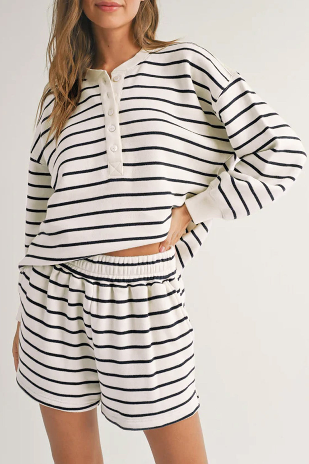 Striped Henley Pullover and Shorts Set