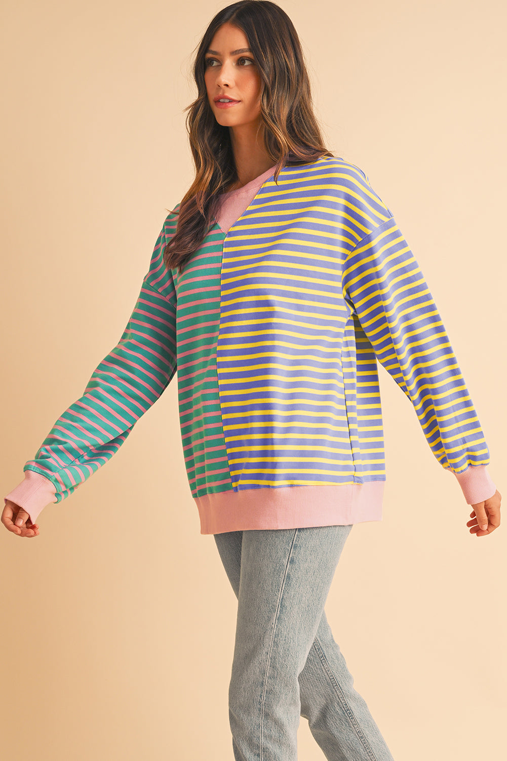 Stripe Colorblock Drop Shoulder Oversized Sweatshirt