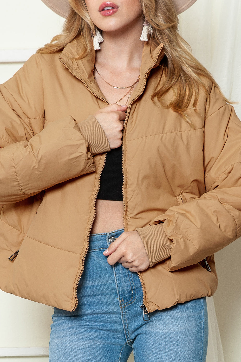 Brown Solid Zip Up Pocketed Puffer Coat