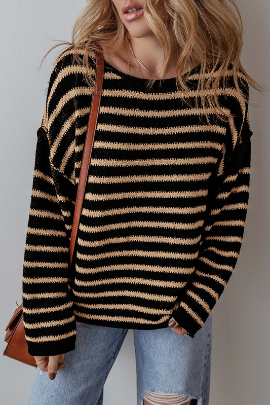 Black Stripe Drop Shoulder Round Neck Loose Sweater