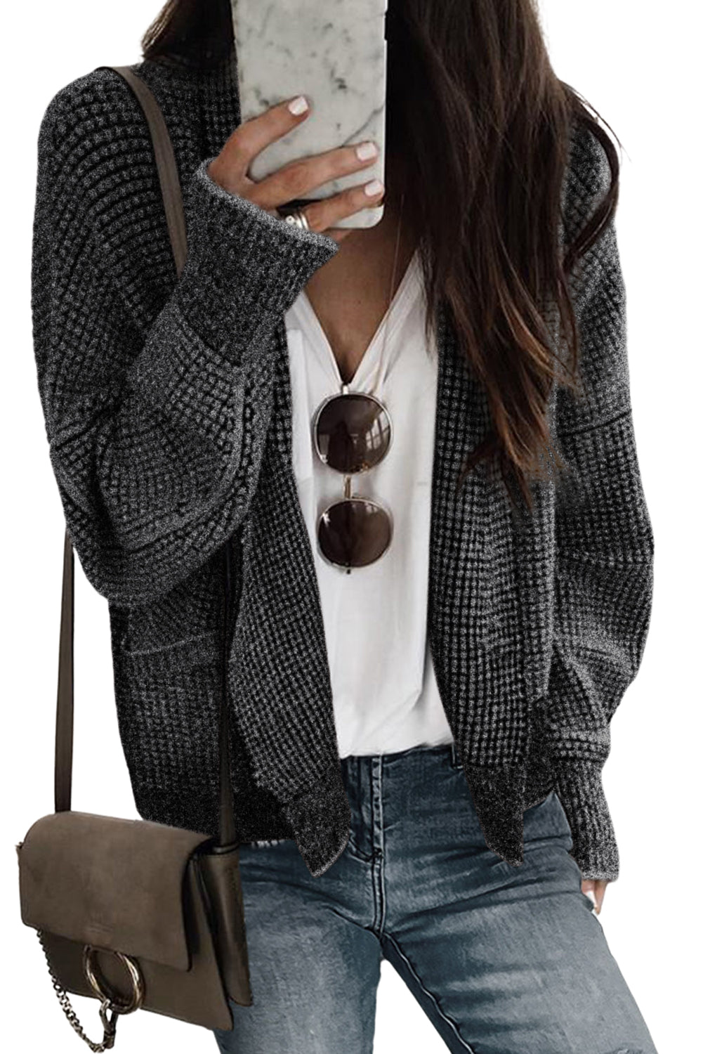 Black Chunky Knit Pockets Drop Sleeve Cardigan