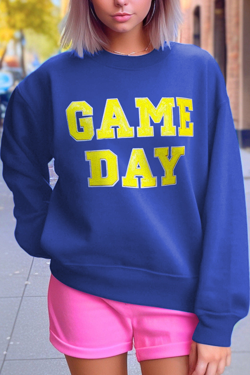 Dark Blue Sequin Game Day Graphic Sweatshirt