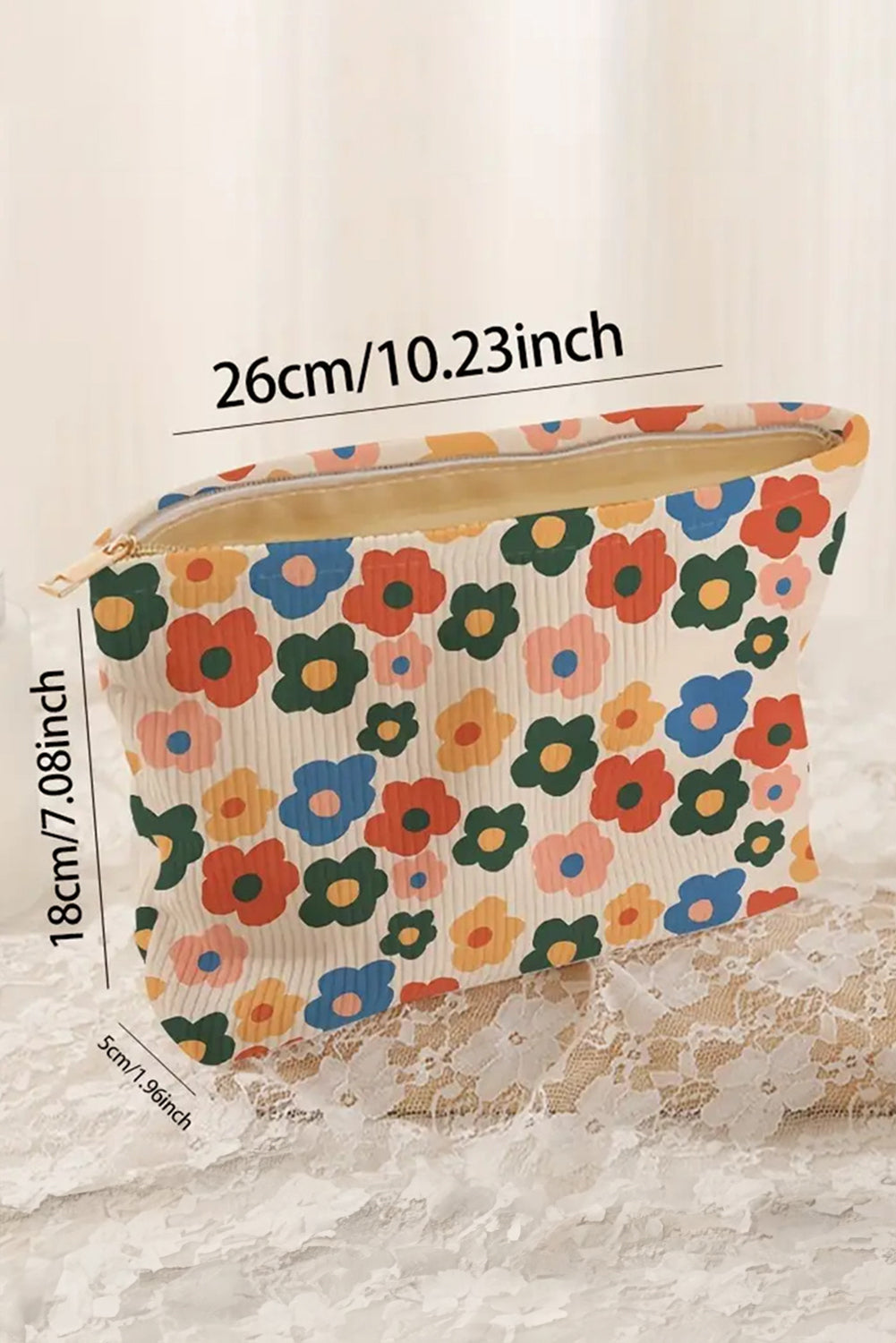 Black Colorful Flower Printed Rib Textured Cosmetic Bag