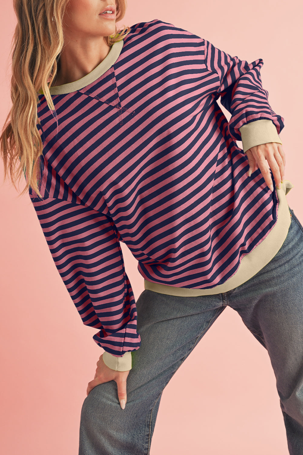 Red Stripe Contrast Edge Oversized Pullover