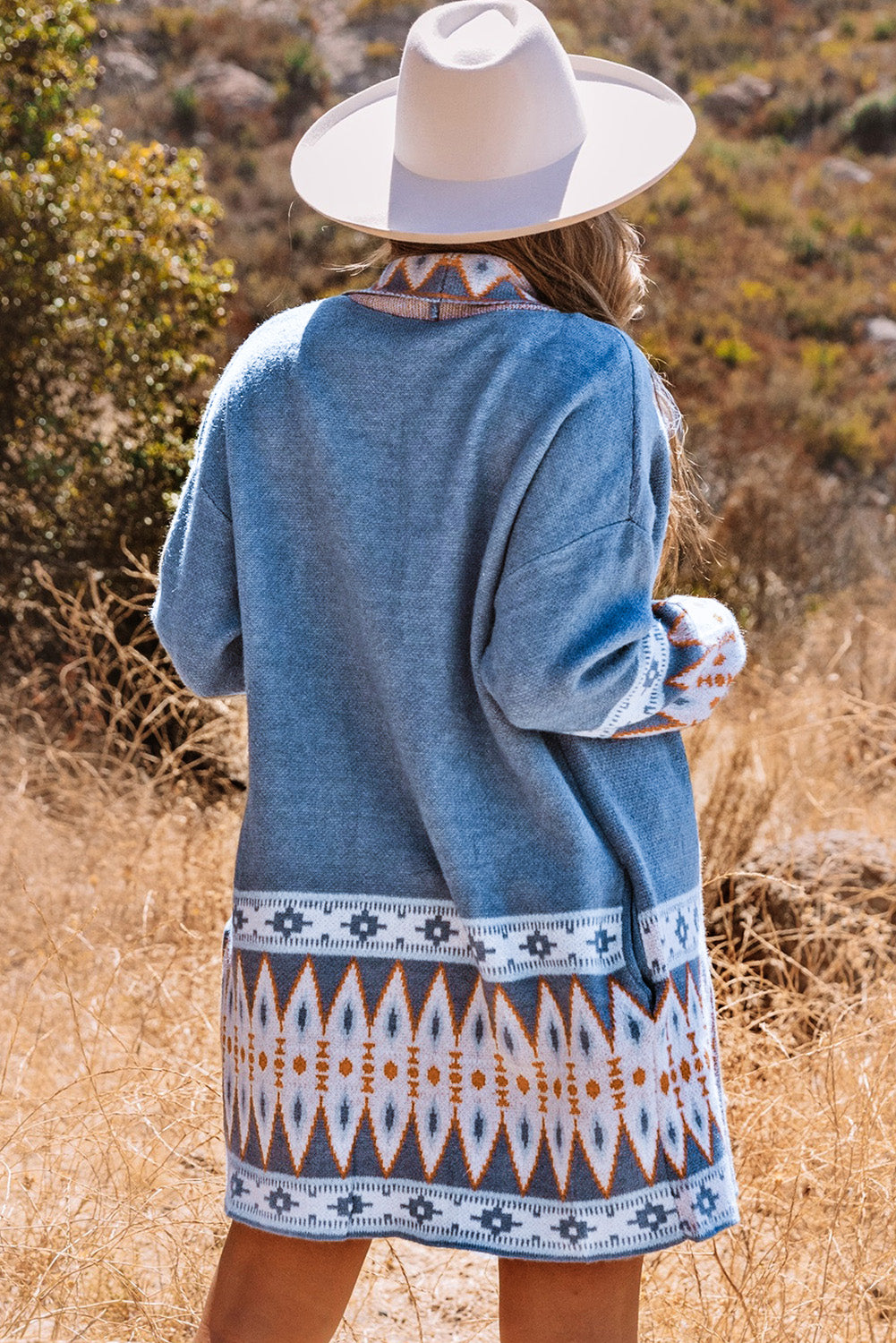 Blue Geometric Print Open Front Knit Cardigan