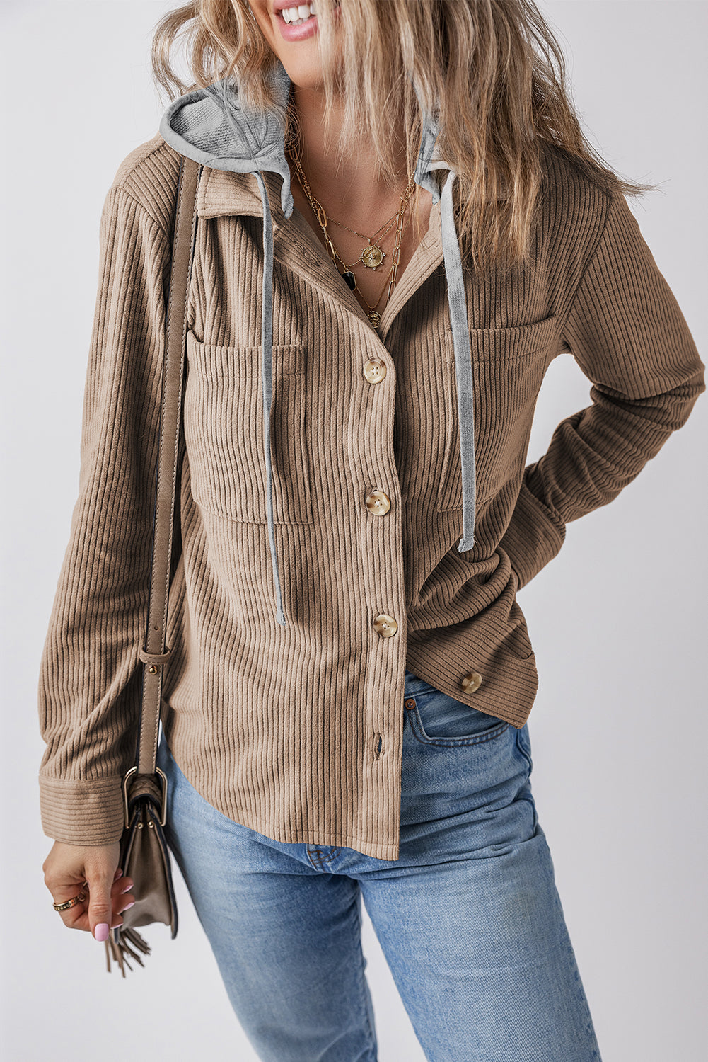 Pale Khaki Pockets Drawstring Hooded Corduroy Shacket