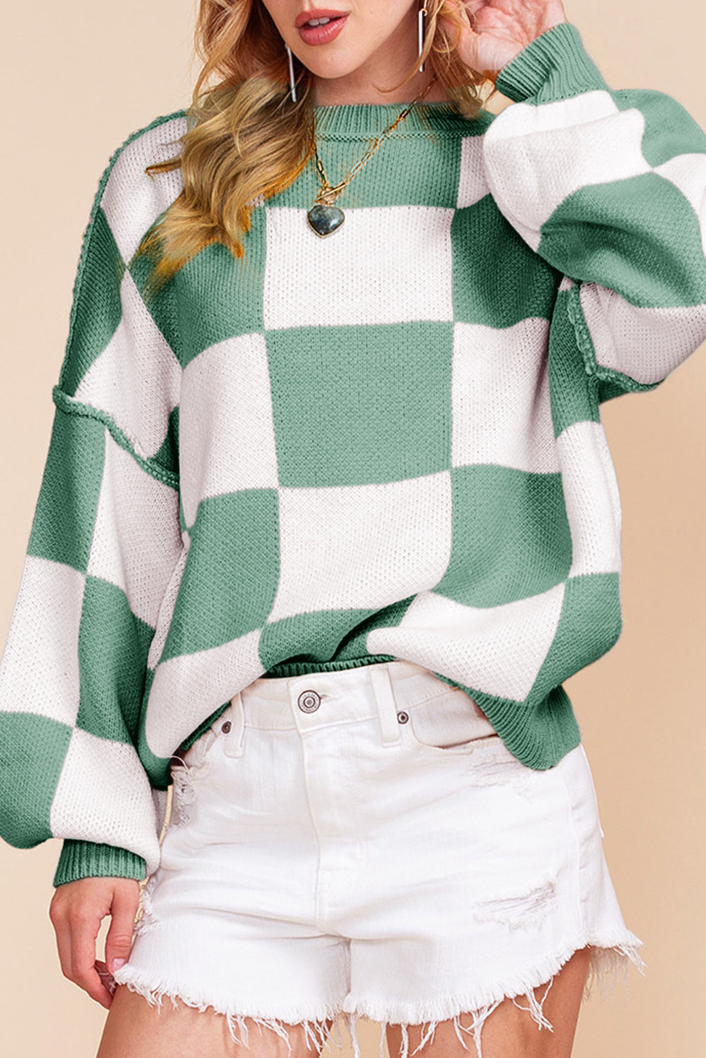 Checkered Bishop Sleeve Pullover Sweater