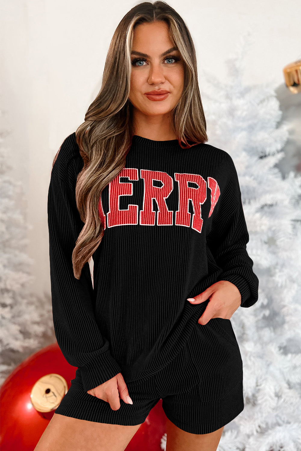 Racing Red Corded MERRY Long Sleeve Top and Shorts Pajama Set