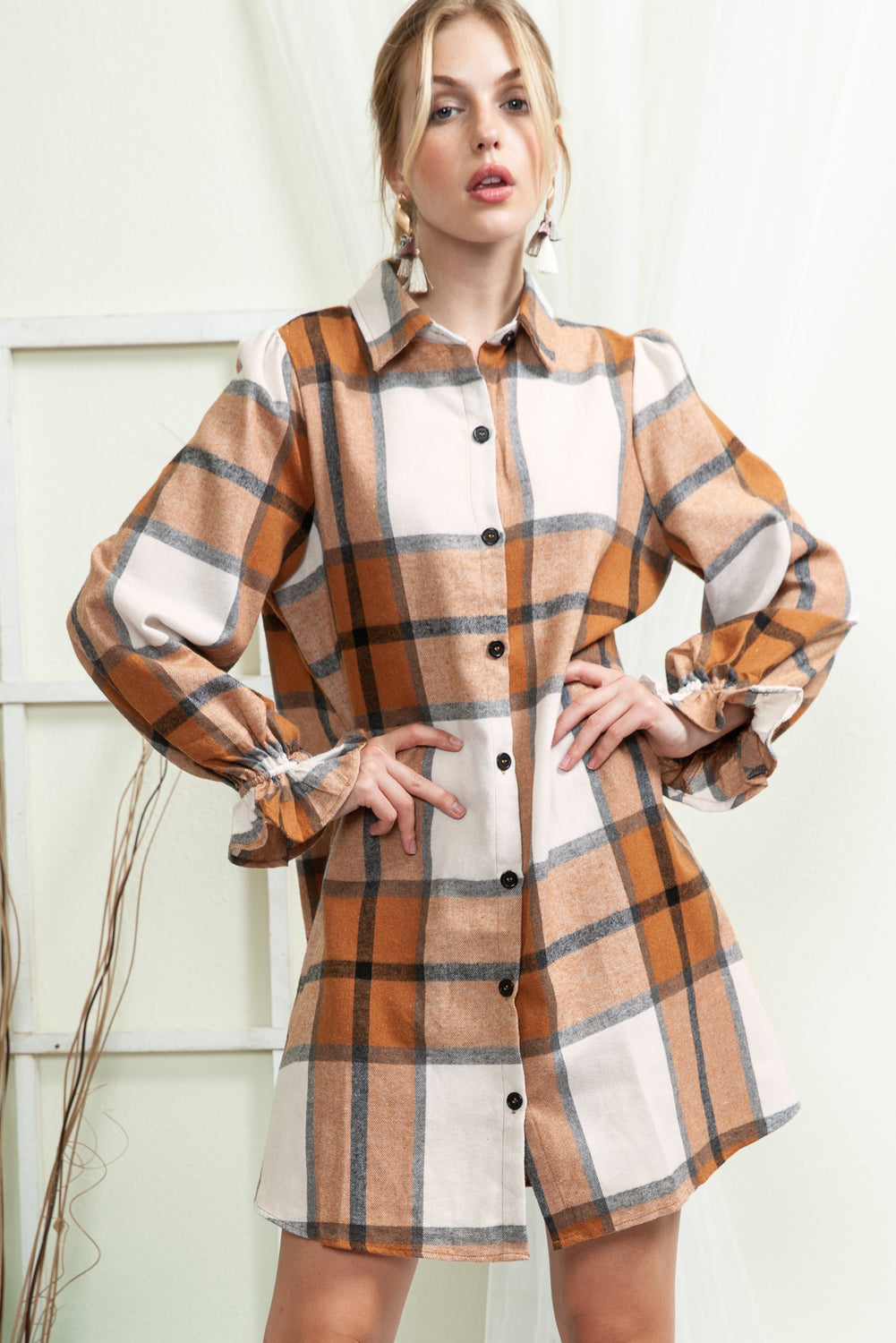 Plaid Pattern Ruffled Sleeve Dress