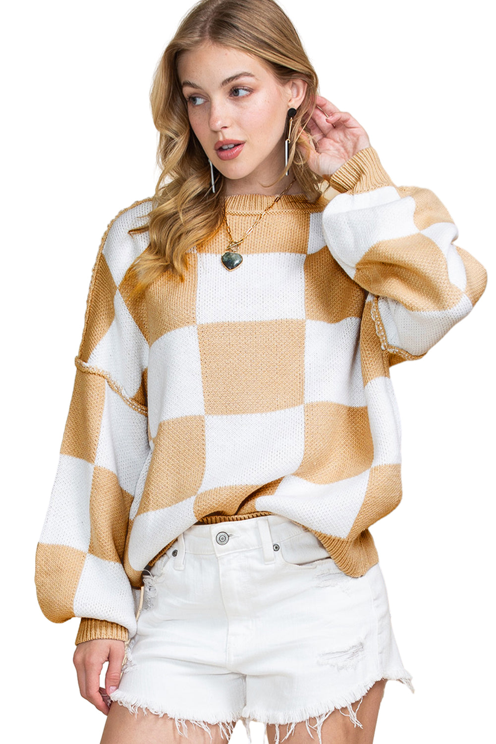 Checkered Bishop Sleeve Pullover Sweater