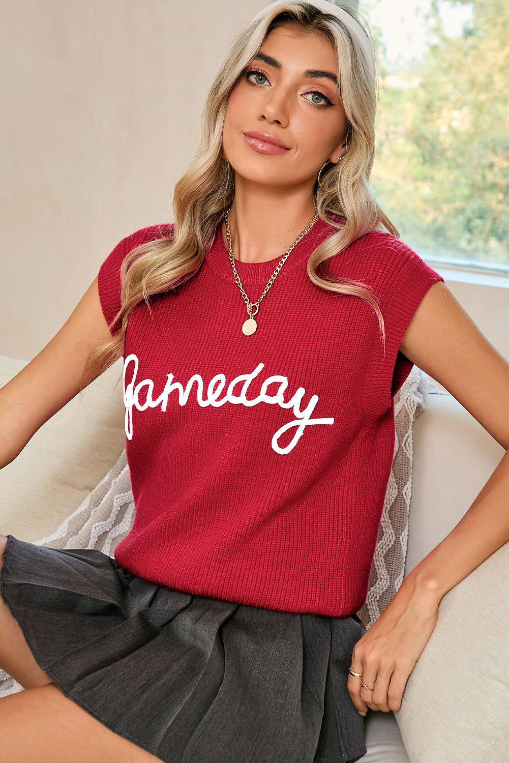 Racing Red Game Day Letter Pattern Knitted Sweater