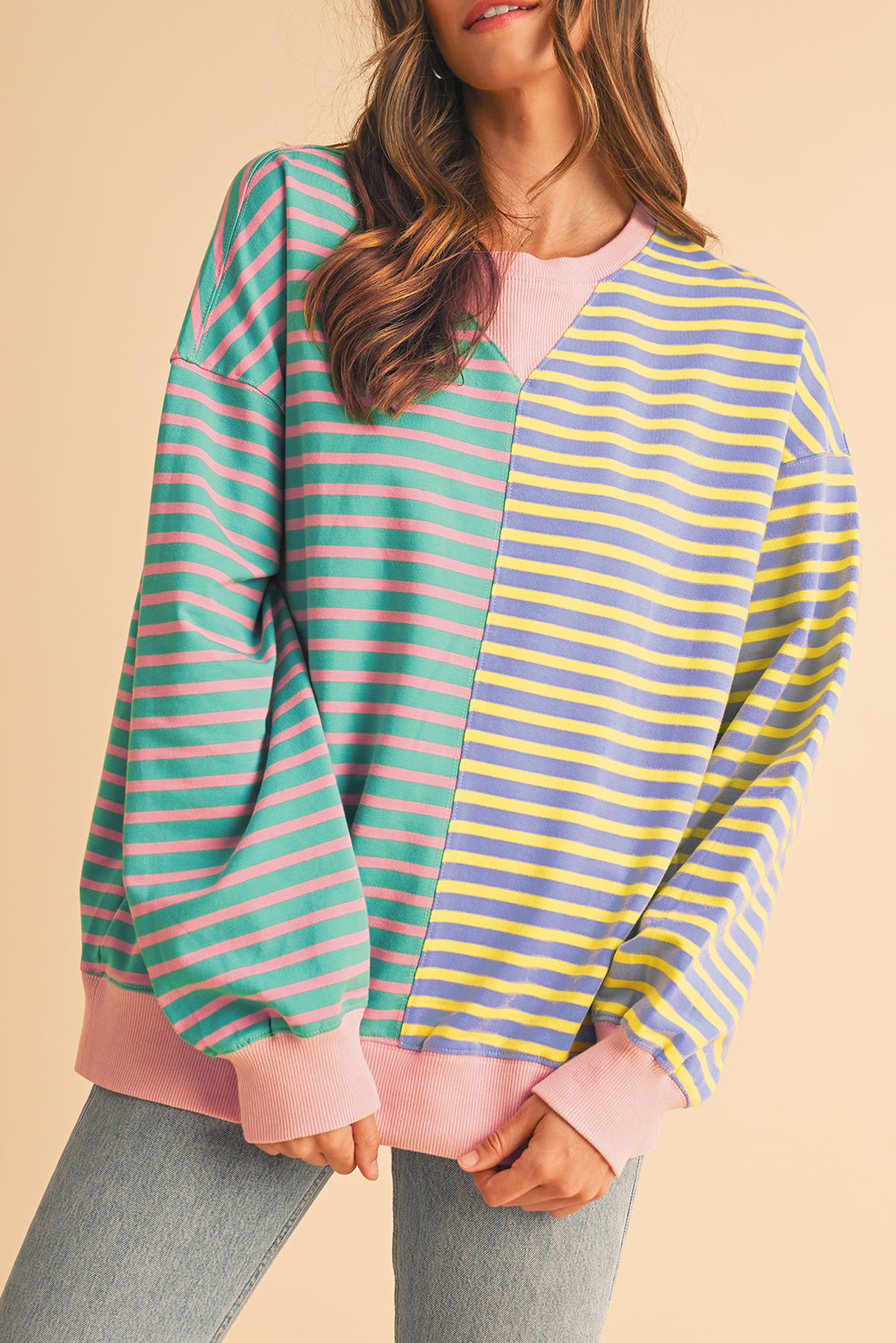 Stripe Colorblock Drop Shoulder Oversized Sweatshirt