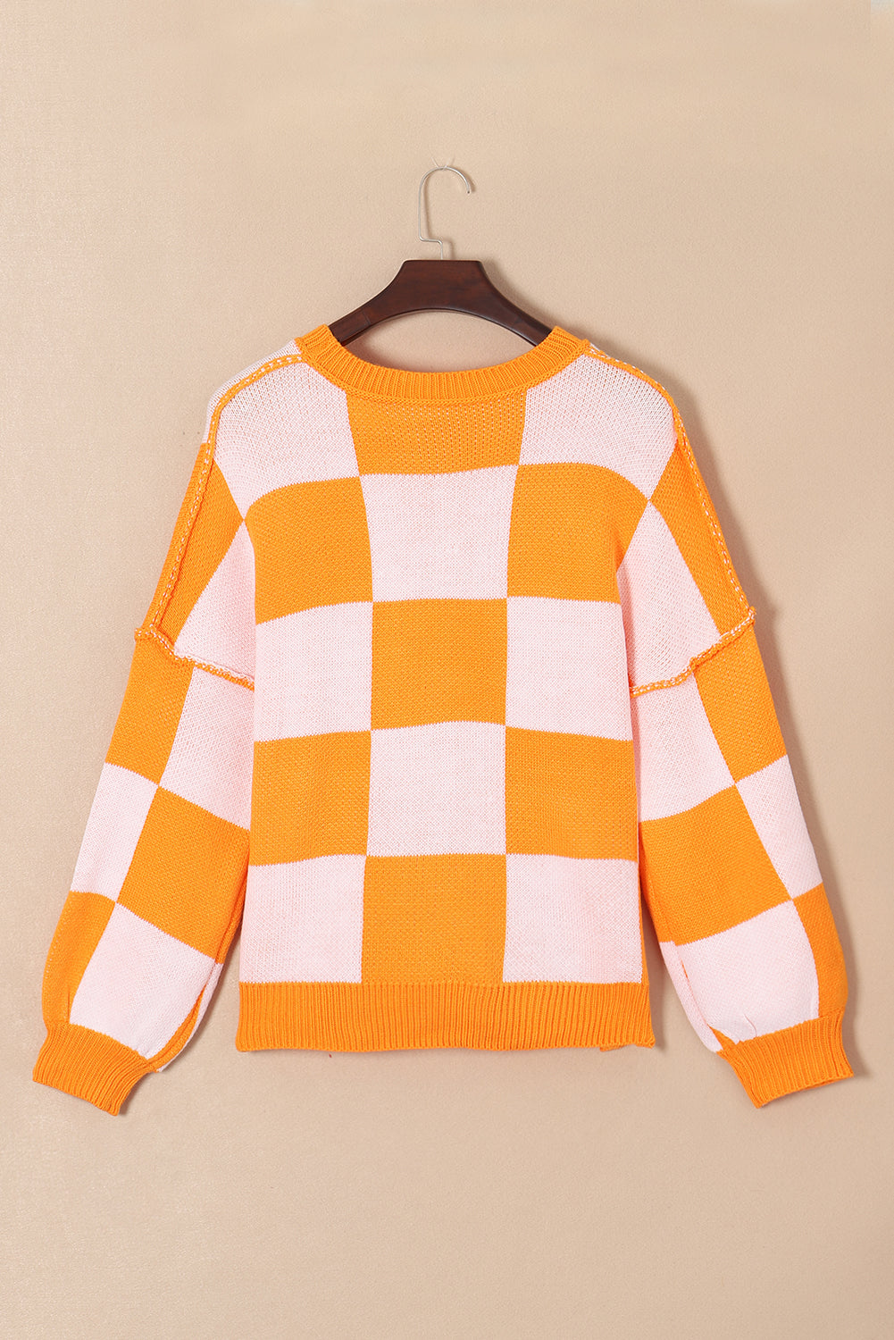 Checkered Bishop Sleeve Pullover Sweater