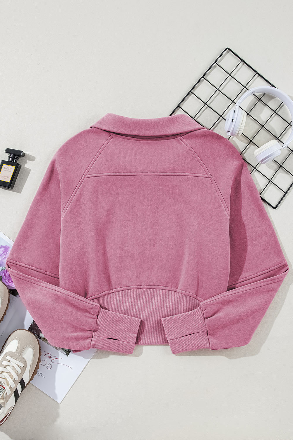 Zip Up Stand Collar Thumbhole Sleeve Sweatshirt