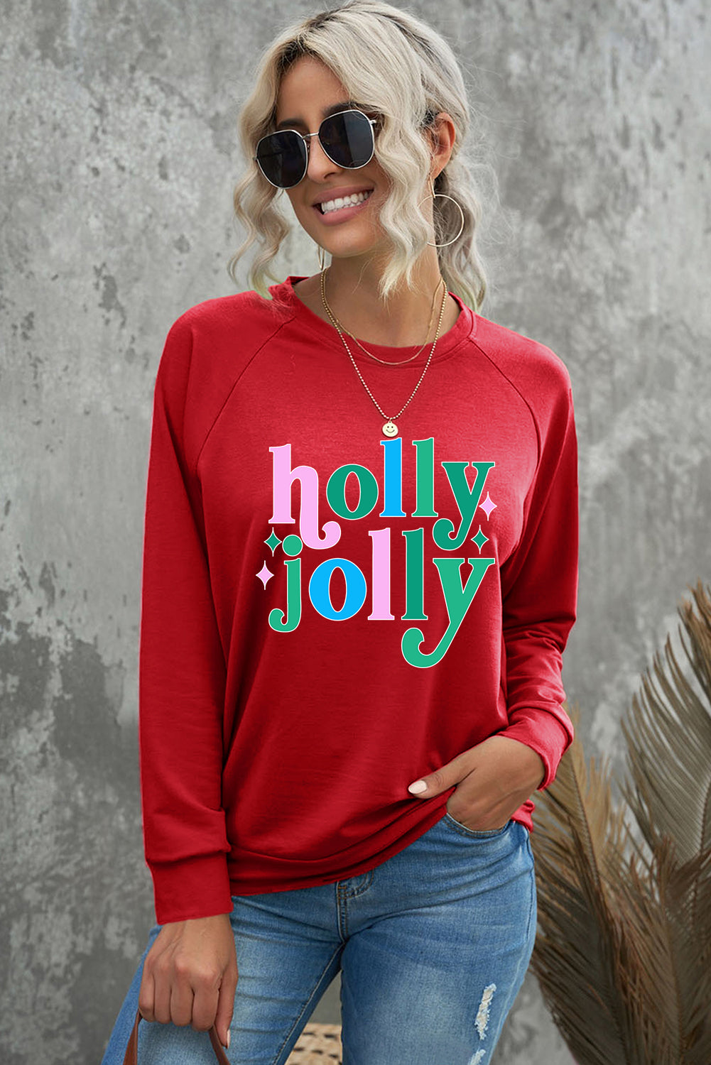 Red holly jolly Graphic Crewneck Christmas Pullover Sweatshirt