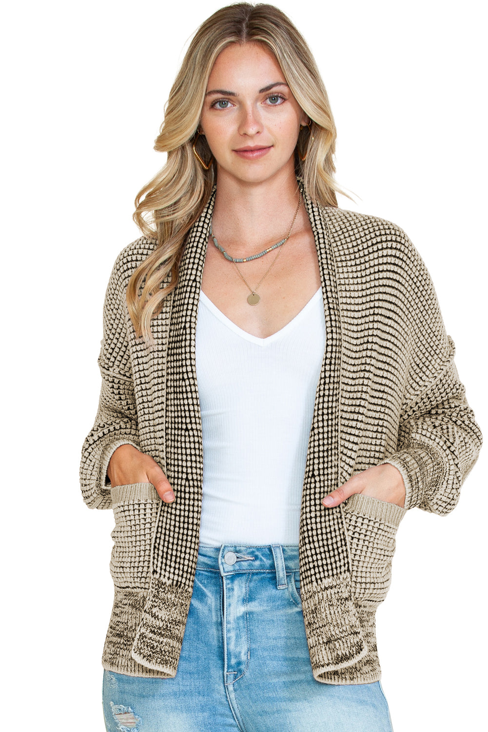 Black Chunky Knit Pockets Drop Sleeve Cardigan