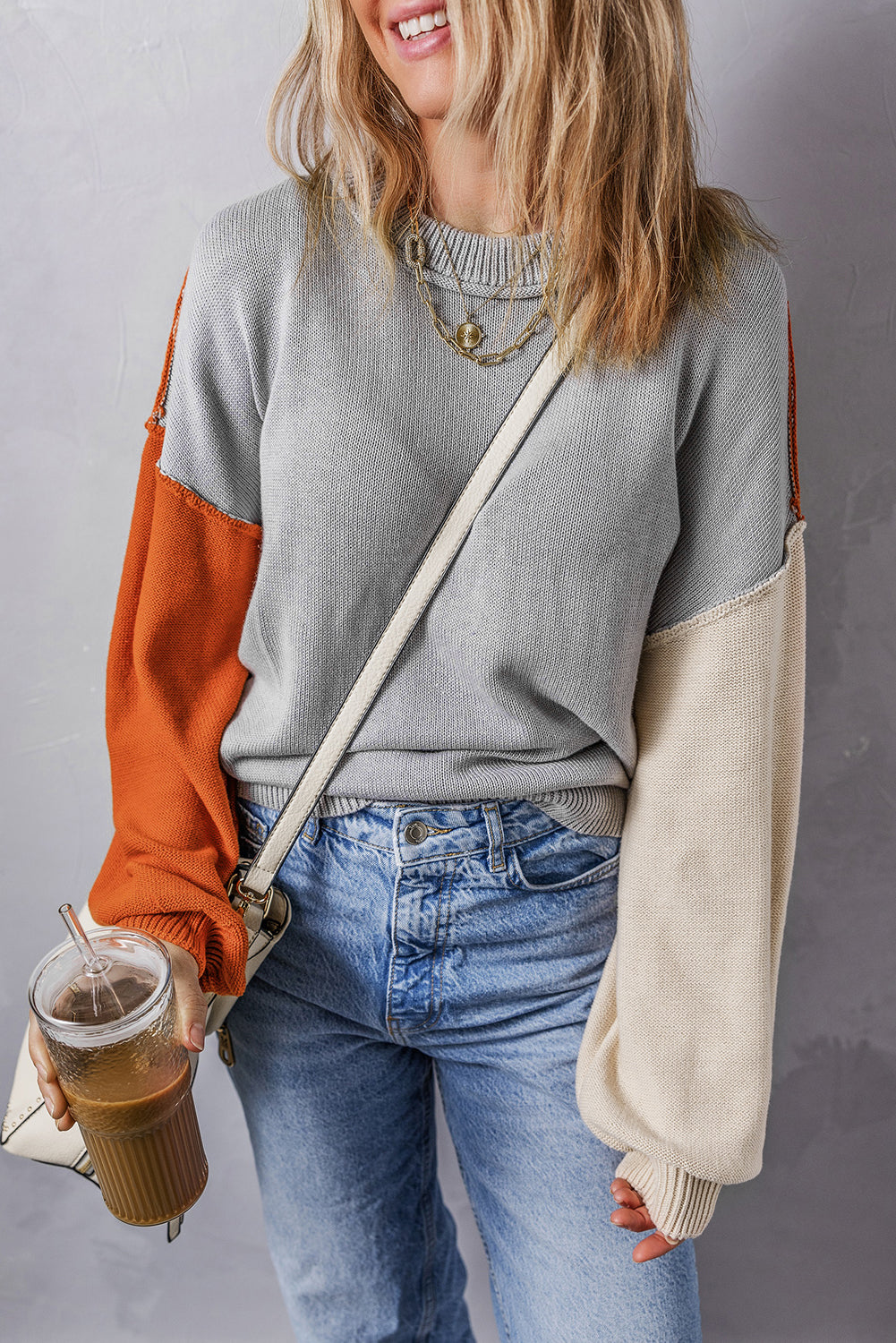 Gray Colorblock Bishop Sleeve Exposed Seam Ribbed Sweater