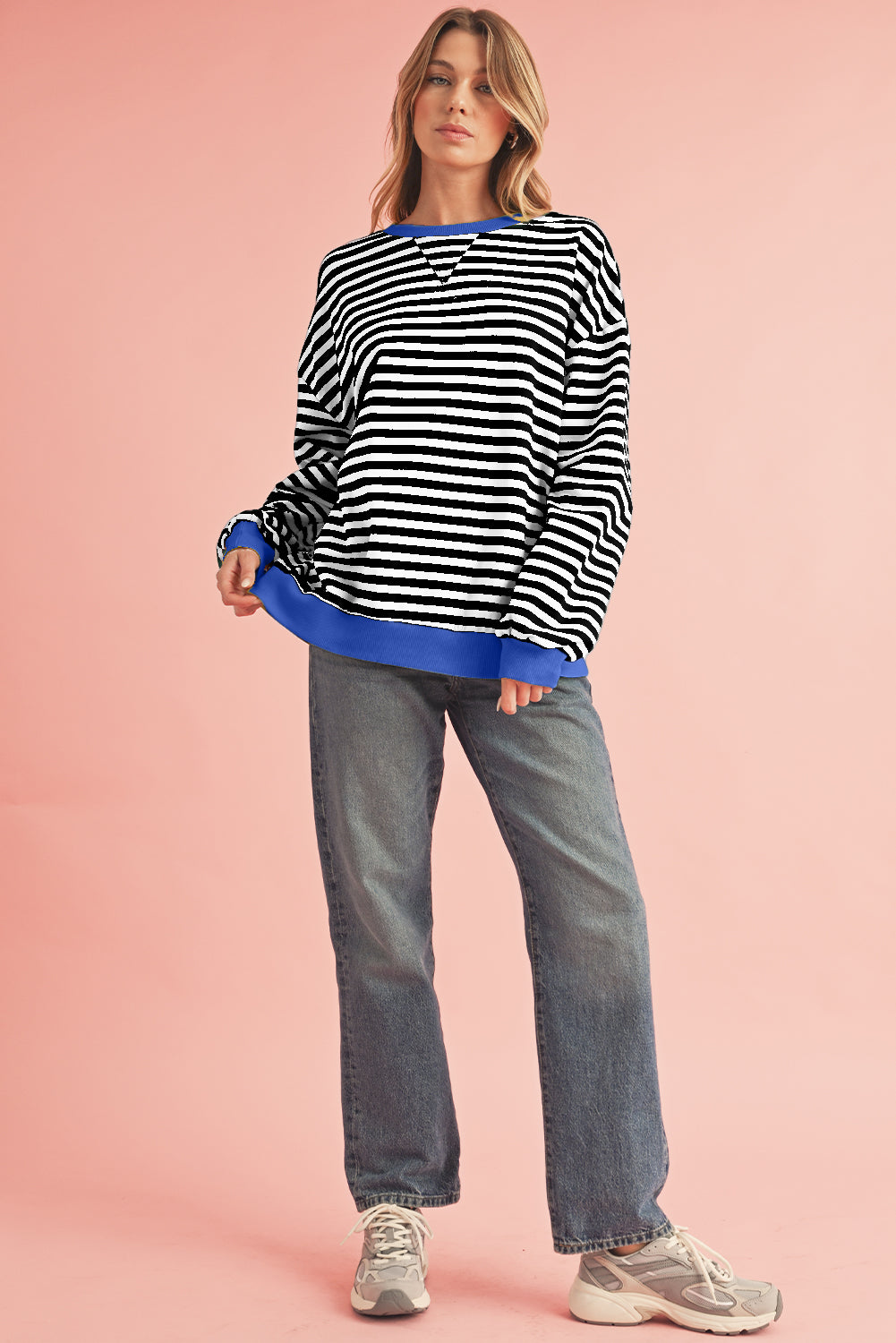 Red Stripe Contrast Edge Oversized Pullover