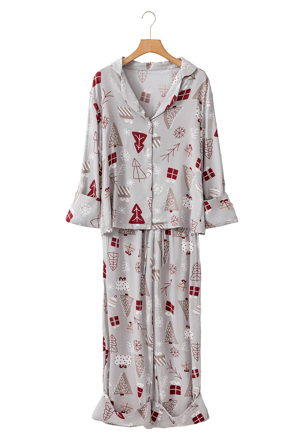 Light Grey Christmas Tree Gifts Print Shirt and Pants Pajama Set