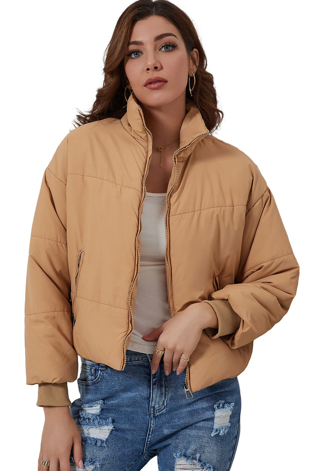 Brown Solid Zip Up Pocketed Puffer Coat