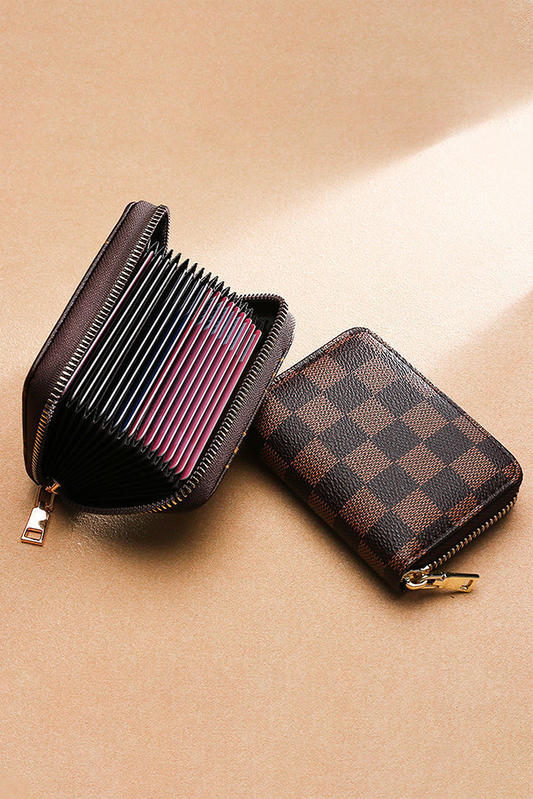 Coffee Checkered Faux Leather Zipper Card Organize Wallet