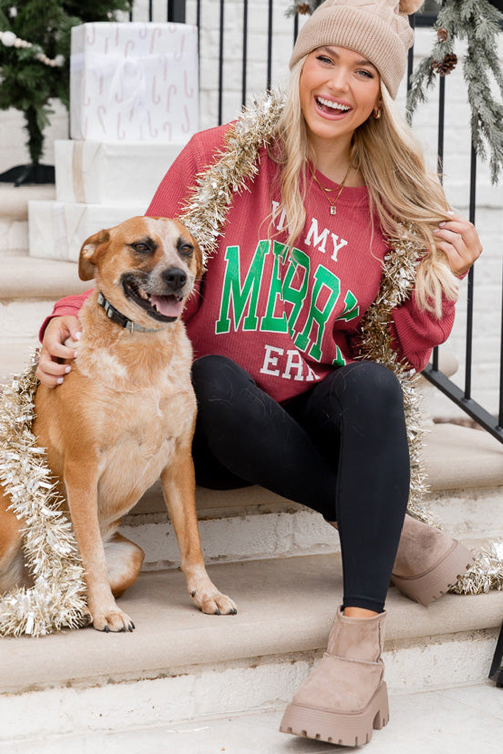 Strawberry Pink IN MY MERRY ERA Loose Fit Corded Graphic Sweatshirt