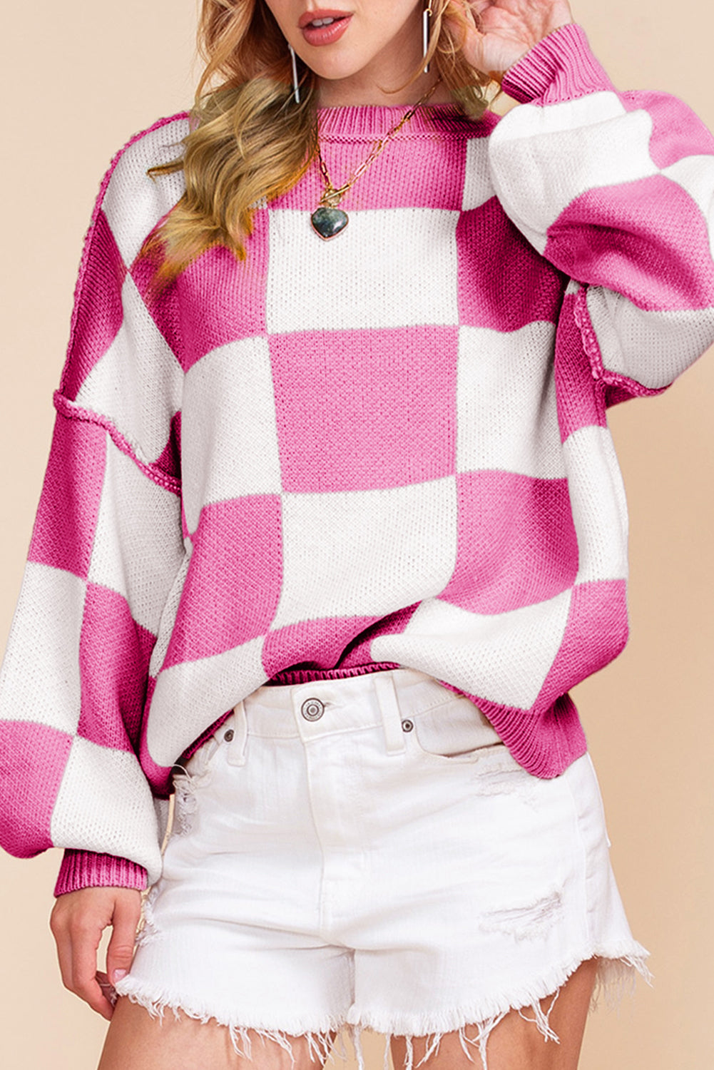 Checkered Bishop Sleeve Pullover Sweater