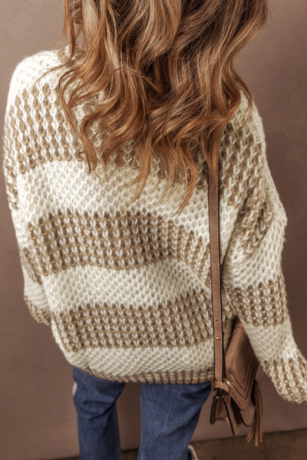 Brown Cable Knit Drop Shoulder Round Neck Sweater