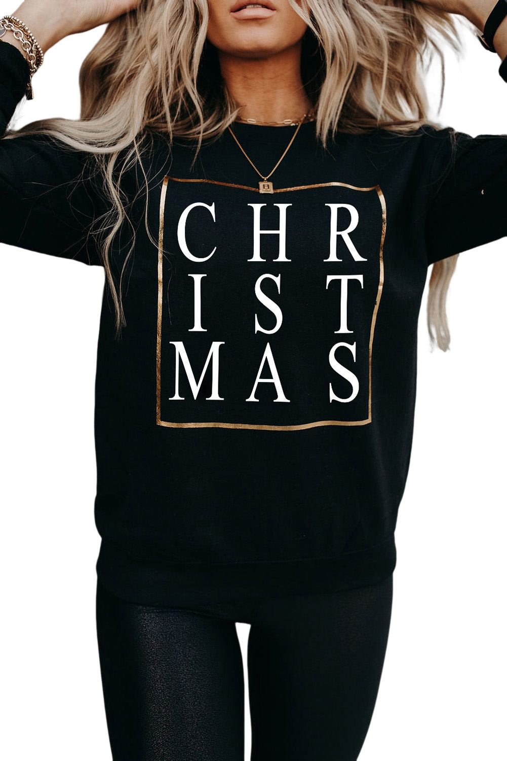 Black CHRISTMAS Glitter Print Crew Neck Graphic Sweatshirt