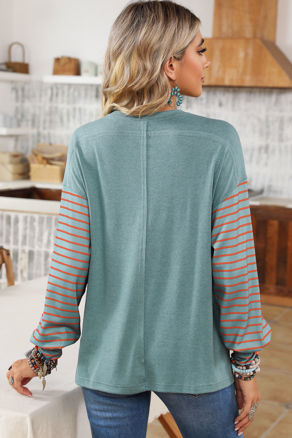 Colorblock Striped Bishop Sleeve Top with Side Slits