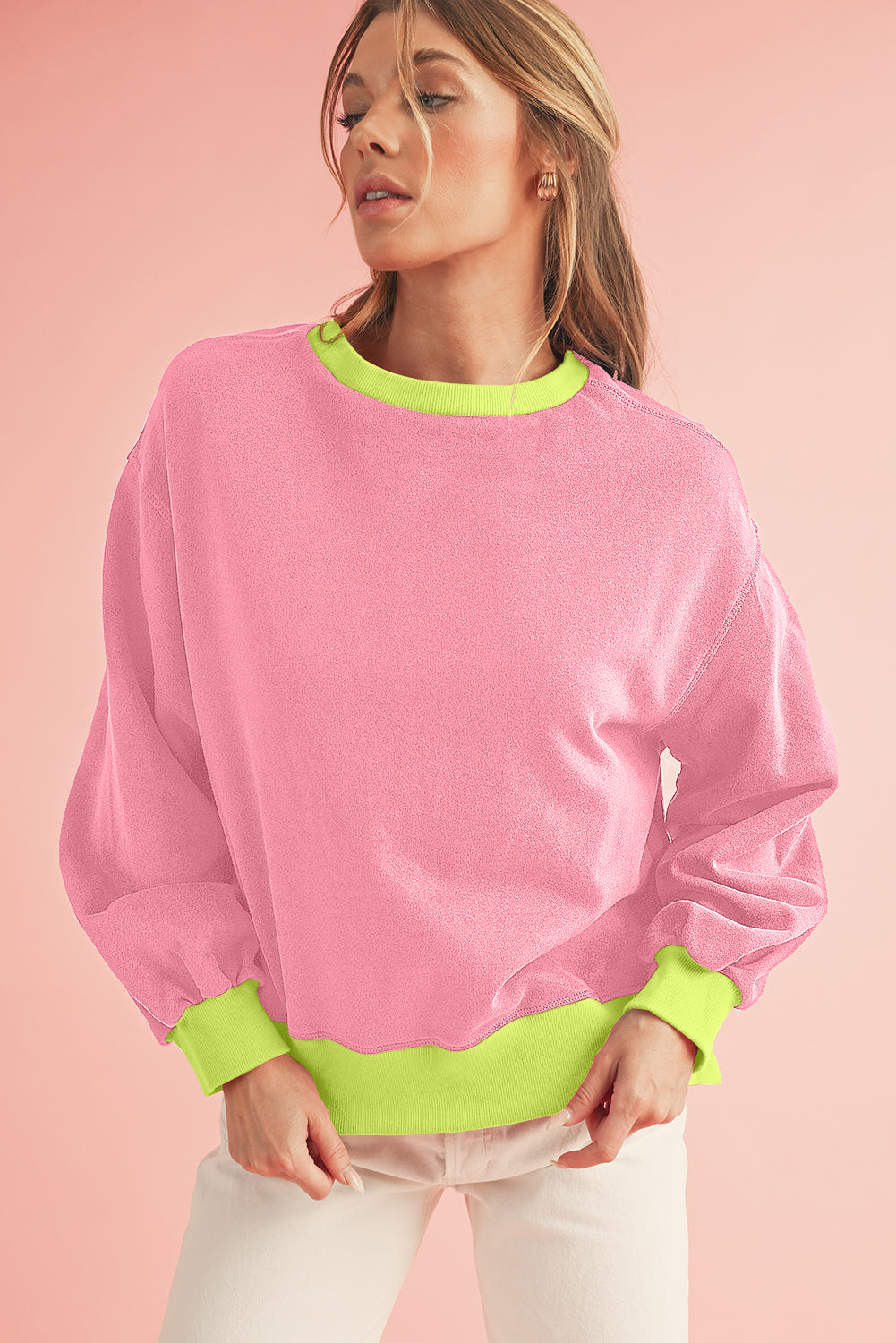 Blue Contrast Trim Bubble Sleeve Sweatshirt