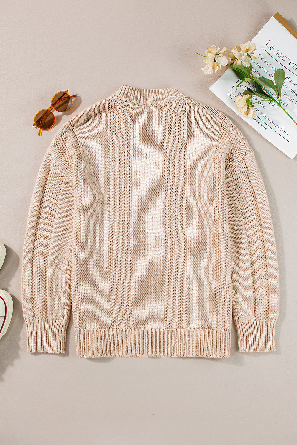 Pale Khaki Solid Color Ribbed Knit Round Neck Sweater